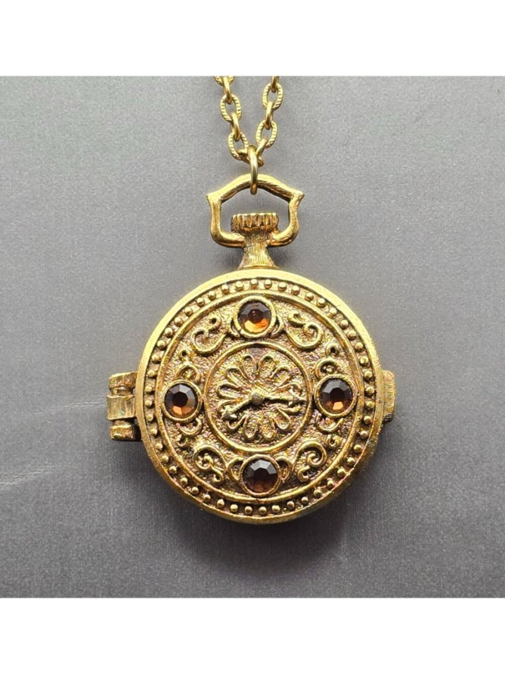 Vintage Mary Chess Perfume Locket Necklace 23" Gold Tone Amber Rhinestone 60s - Picture 12 of 12